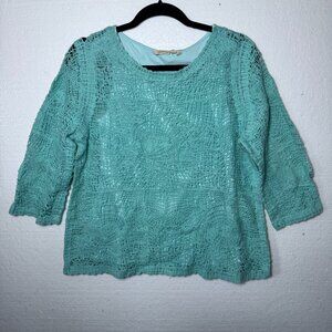Soft Surroundings Womens Medium Aqua Blue Crochet Boho Pullover Top 3/4 Sleeve
